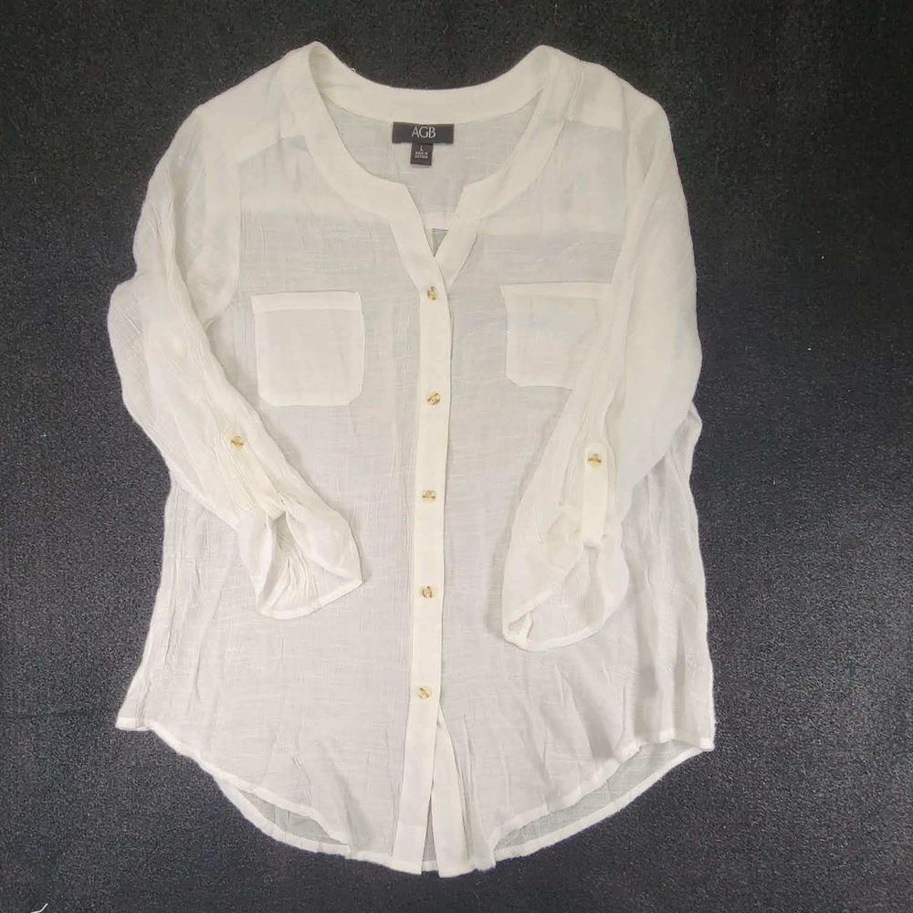 AGB Blouse Women Large White Gauze Textured 3/4 Sleeve V-Neck Split Collar Top